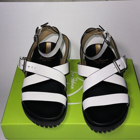 Sam Edelman Eleanor white leather ankle strap platform chunky sandals Women's 7 - Picture 5 of 9